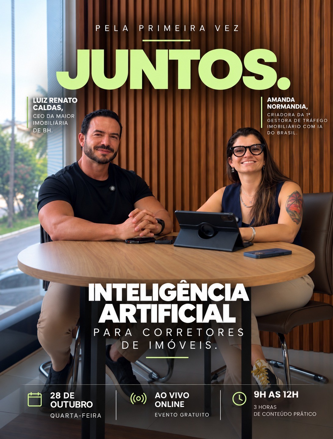 Arte do evento: Luiz Renato Caldas e Amanda Normandia, inteligência artificial para corretores de imóveis, 28 de outubro, 9h às 12h, evento gratuito